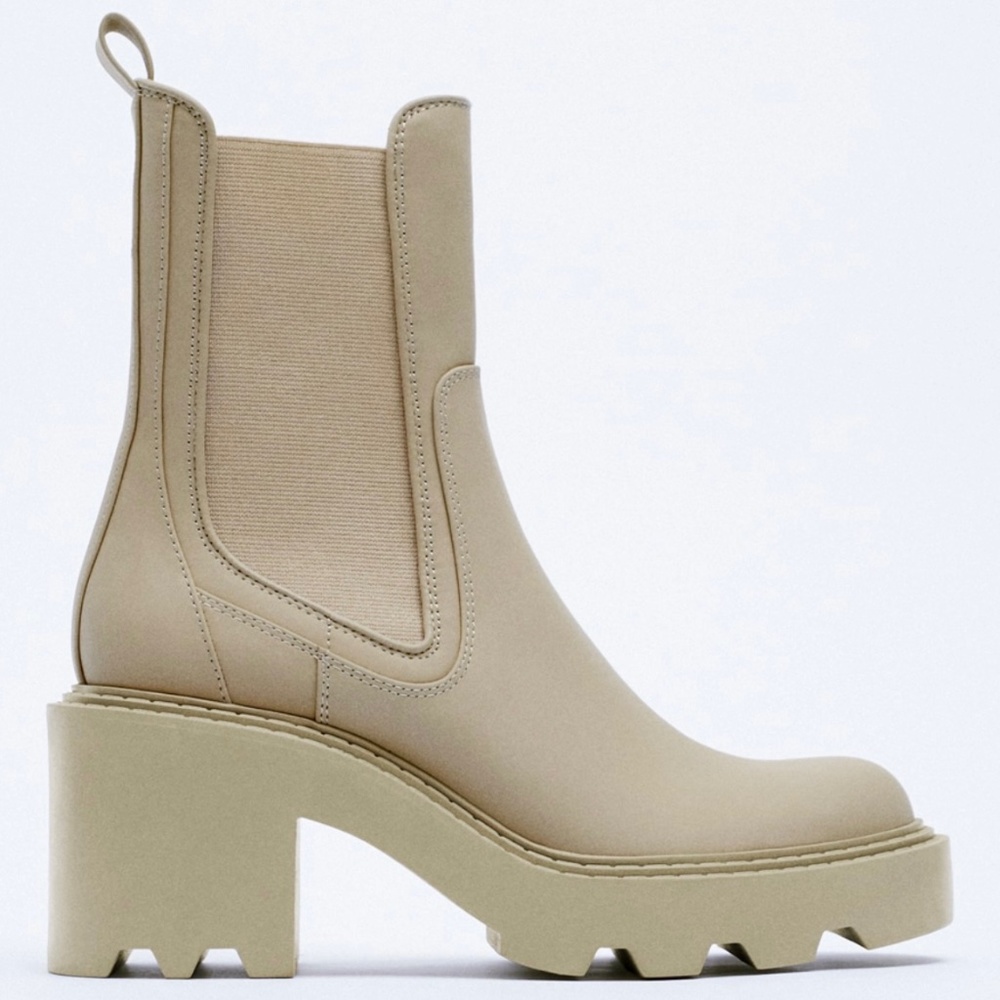 ZARA BEIGE RUBBERISED MID HEEL ANKLE BOOTS